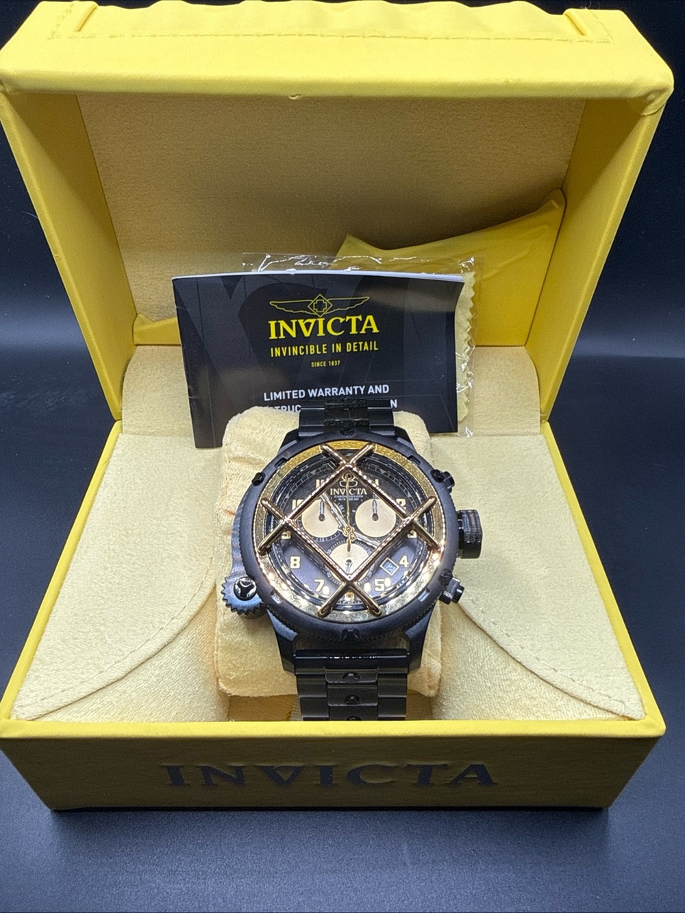 Invicta Black and Gold Men's Chronograph Watch with Crossbar Dial